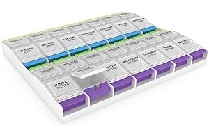 EZY DOSE Weekly (7-Day) Pill Organizer, Vitamin Container, and Daily Medicine Planner, 2X-Large Push Button Compartments, Arthritis Friendly, Easy to Use, 4 Times a Day, Clear Lids, BPA Free