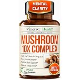 10X Mushroom Supplement w/ Lions Mane &amp; Reishi &ndash; Cognitive Support &ndash; 60 Ct | 1,330mg Functional Mushrooms: Reishi, Turkey Tail, Cordyceps, Shiitake, Chaga &amp; Maitake for Immune &amp; Energy - Gentle Formula