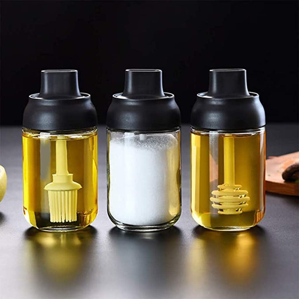 WJLED Condiment Pots,Seasoning Bottle with Serving Spoons,Basting Brush,Honey Dipper Set Condiment Box 3Pack Reusable Condiment Container with Lids And Spoons for Spices Jar Condiments Seasonings
