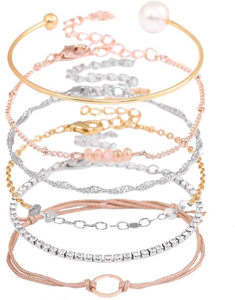 XOCARTIGE Bangle Bracelets Set, Dainty Pearl Crystal Link Bracelet Bohemia Bracelets for Girls (C Multicolor 3)