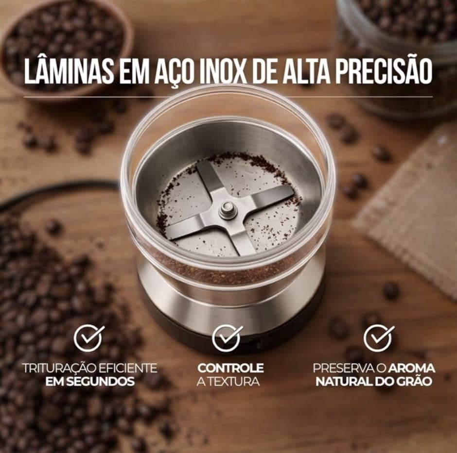Moedor de Café Elétrico 220V Premium em Aço Inoxidável – Triturador de Grãos Café Pimenta Temperos e Especiarias – Compacto Potente Moagem Uniforme e Fácil de Limpar