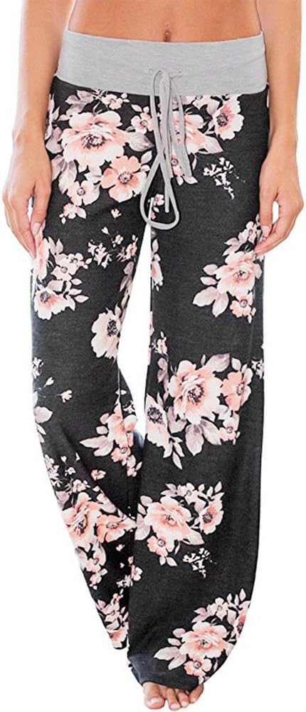 KANGMOON Women's Comfy Casual Pajama Pants Floral Print Drawstring Palazzo Lounge Pants Wide Leg Pants Print Trousers