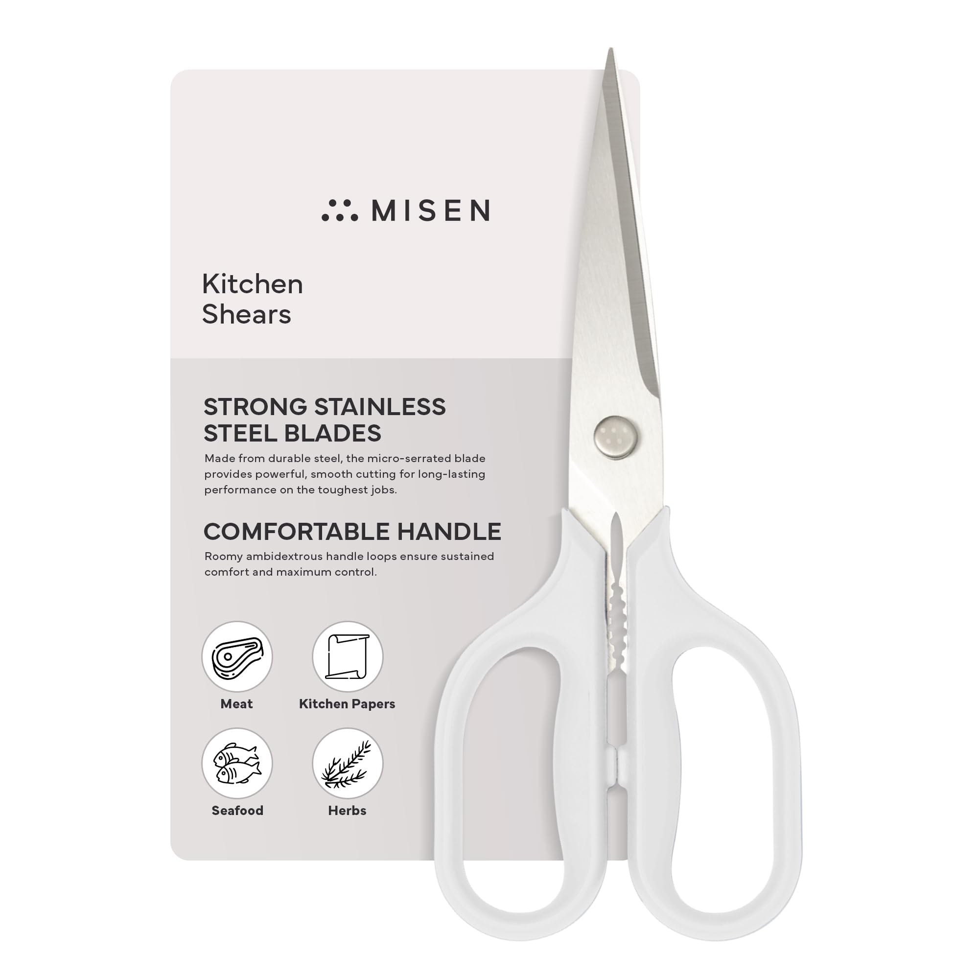 Misen Heavy Duty Kitchen Shears - Comfortable Ambidextrous Scissors for Meat, Poultry, Herbs & More - Easy to Clean - German Stainless Steel - Large | White Image