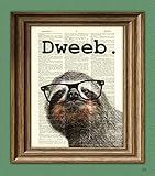 The Dweeb Sloth in black glasses illustration beautifully upcycled dictionary page book art print