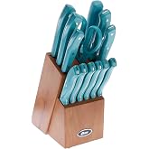 Oster Evansville 14 Piece Stainless Steel Cutting Kitchen Knife Cutlery Set with Wooden Block Holder and Knife Sharpener, Turquoise