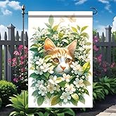 Tomhong Spring Cat Garden Flag 12x18 Inch Double Sided for Outside Cute Orange Cat with White Flowers Yard Flag for Outdoor Lawn Patio Porch Garden Spring Summer Floral Decoration Home Decor