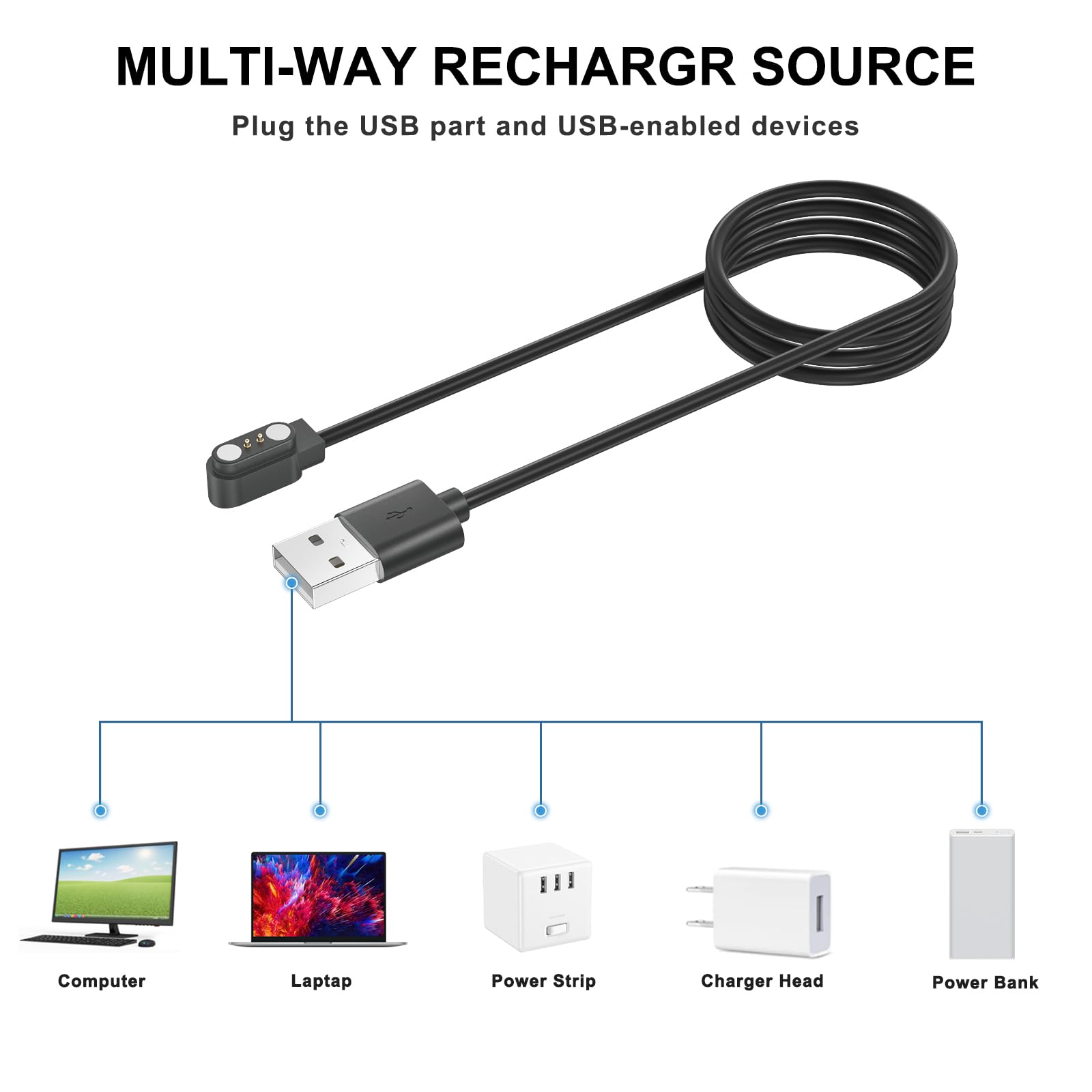 Zoye Smart Watch Charger Cable compatible with AEAC, Fitpolo, GRV, Letscom, Letsfit, Lifebee, Teminic e, Tensky, VeryFit, VeryFitPro, Willful, Woneligo, Yamamy, ID205L, ID208BT, IDW13 etc.(1)