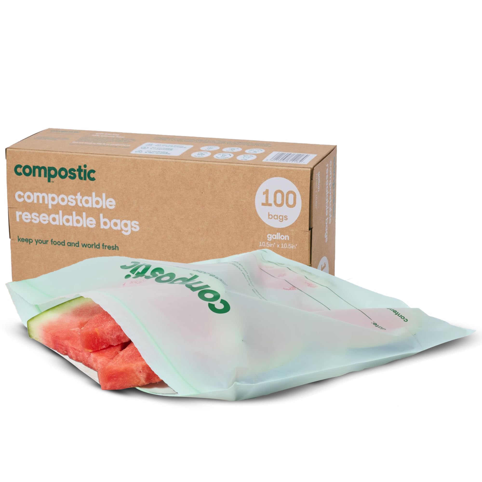 Photo 1 of Compostic Home Compostable Resealable Gallon Bags (10.5"x10.5"), Microwave & Freezer Safe, Organic Food Storage Container, 100 Count (Pack of 1)