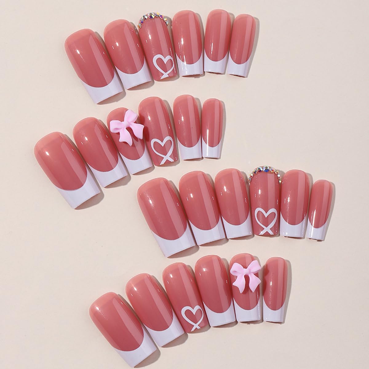 YKZFUI French Tip Press on Nails with Charms Medium Fake Nails White French Nails Press ons Cute Bow Stick on Nails Long Square Shape Acrylic Nails Heart Nails Rhinestones Nails for Women Daily Wear - Image 2