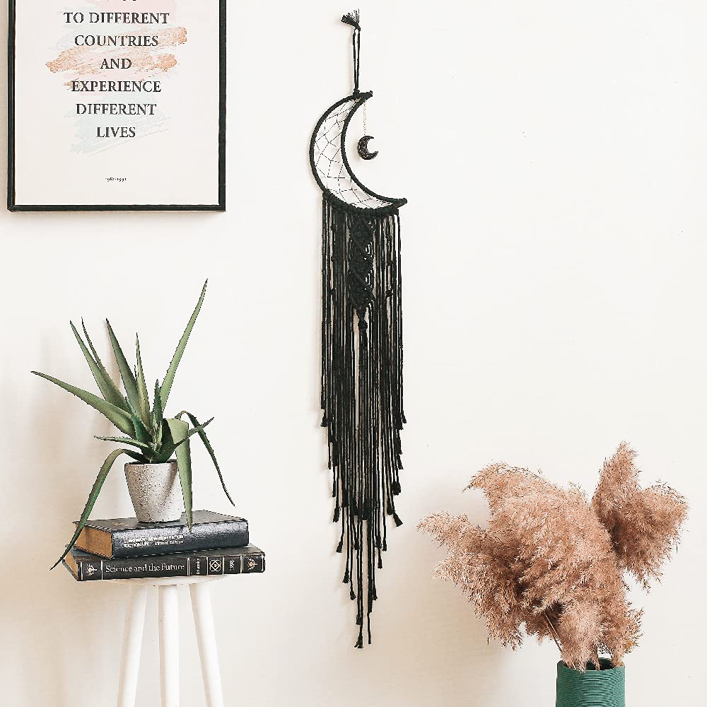 Black Moon Macrame Dream Catcher Boho Decoration Handmade Macrame Wall Hanging Woven Dream Catcher Tapestry Wall Decoration Home Decoration Chic Home Decor Gifts Apartment Dorm Room Decoration