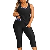 Yonique 3 Piece Plus Size Swimsuits for Women Tankini Tops with Sports Bra and Swim Capris Athletic Bathing Suits