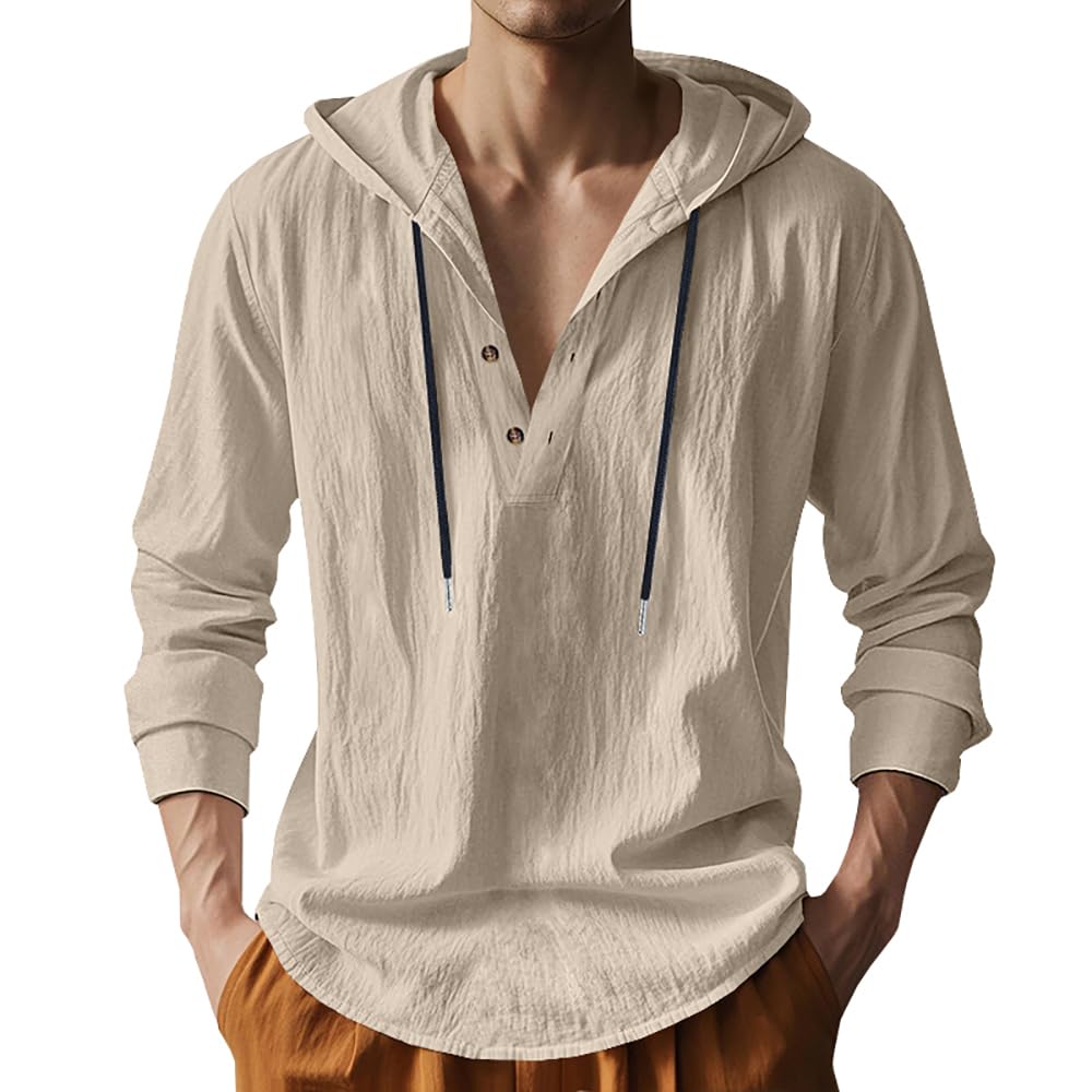 Photo 1 of TRFIC Mens Cotton Linen Hoodies Long Sleeve Button Down Shirts Casual Hawaiian Beach Yoga Sweatshirts Khaki