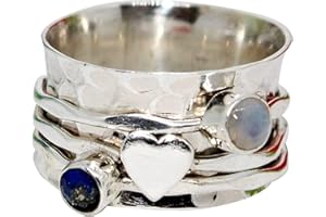 Amethyst, Moonstone Two Tiny Gemstone (Customisable) Hammered Sterling Silver Band Spinner Ring for Women, Spinning Ring, Ham