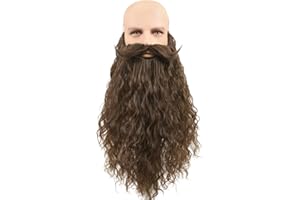 Honcloud 18 Inches Men's Long Curly Brown Synthetic Pre - styled Realistic Fake Beard for Wizard Costume and Halloween Party (Brown)