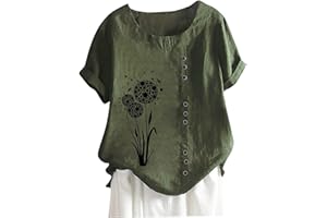 JEGULV Women Cotton Linen Tshirt Tops Casual Loose Fit Trendy Floral Printed Tunic Tees Short Sleeve Plus Size Button Blouses