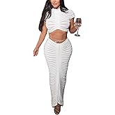 lovecarnation Sexy See Through Long Dress Knitted Sheer Mock Neck Crop Top and Maxi Skirt 2 Piece Outfits Sets