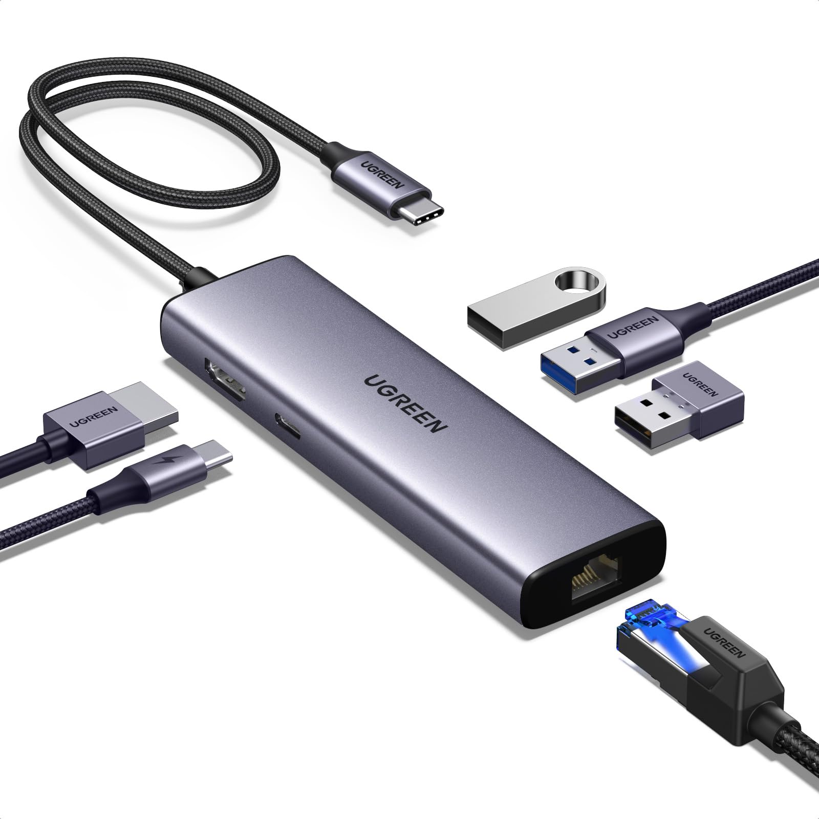UGREEN Revodok USB C Hub, 6-in-1 USB Multiport Adaptor, 1Gbps USB-C to Ethernet Adapter, 4K HDMI, 100W PD, 3x 5Gbps USB-A Ports, Aluminum Compact USBC Dock for MacBook, HP, Dell Laptops, iPad Pro