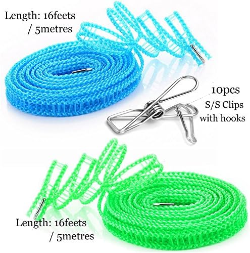 16feet Windproof Clothes Line with 10pcs Clips and Portable Rope Bag Fence like No slip 5 meters Adjustable Hook Clotheslines Nylon Clothes Rope Line Hanger for indoor and outdoor(2 pack)Blue+Green
