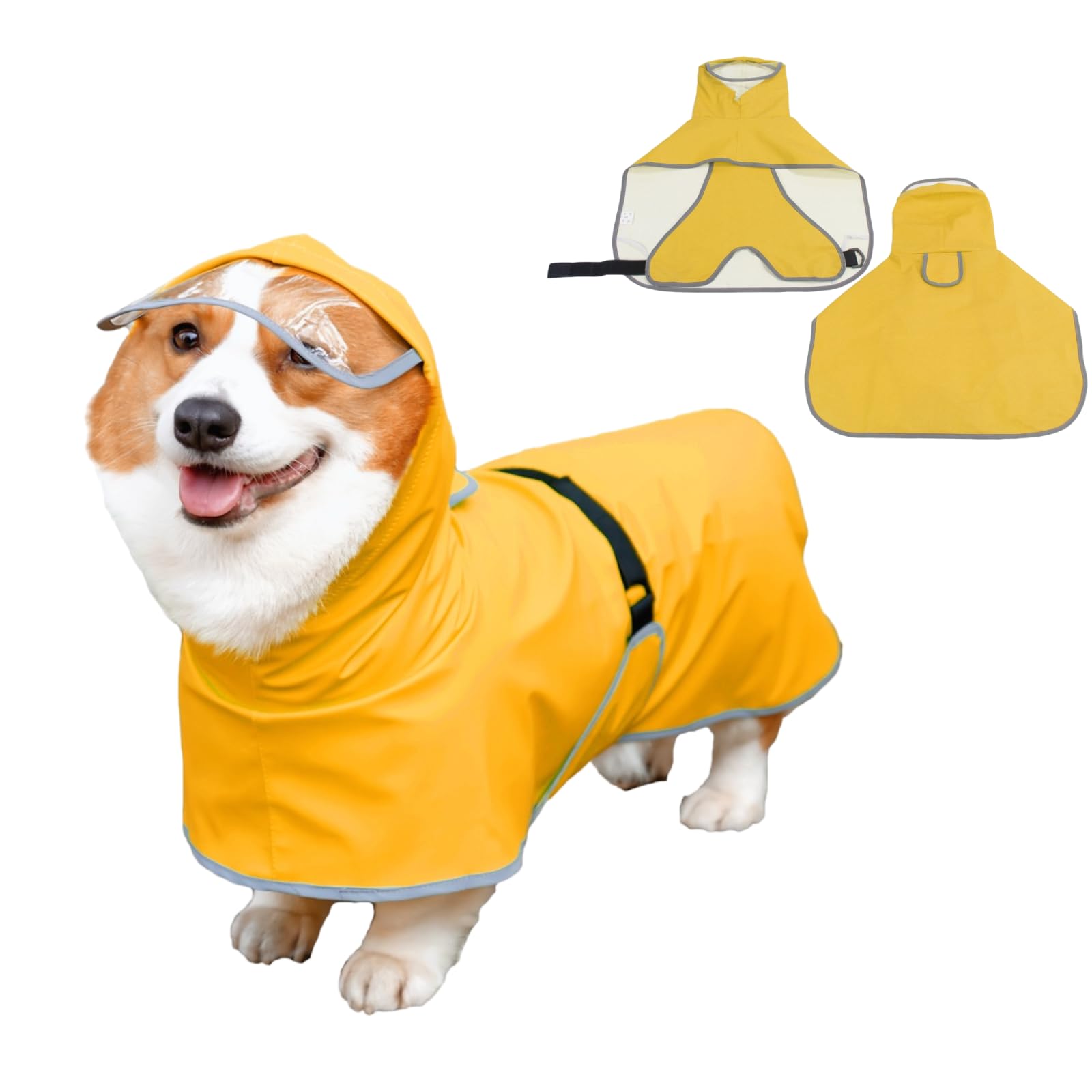 Luccalily Dog Raincoat with Hood for Medium Dog, Waterproof Dog Rain Jacket with Reflective Strip Adjustable Belly Strap Lightweight Yellow Poncho with Storage Bag, M