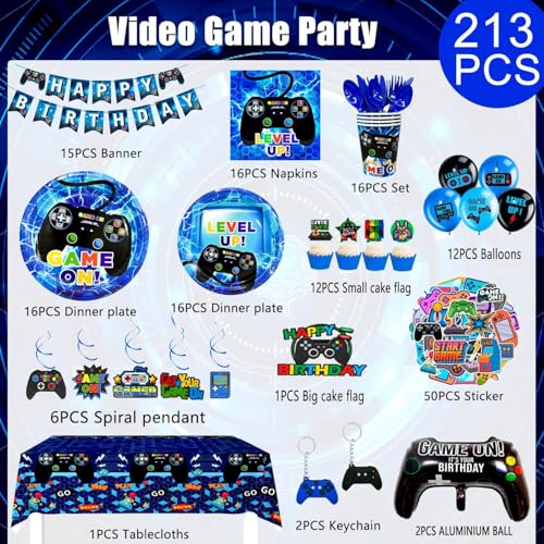 Video Game Birthday Supplies for 16 Guests, 213pcs Games Party Tableware Set - Blue Plates Cups Napkins Tablecloth Balloons Banner Hanging Swirls etc Video Game Party Decorations