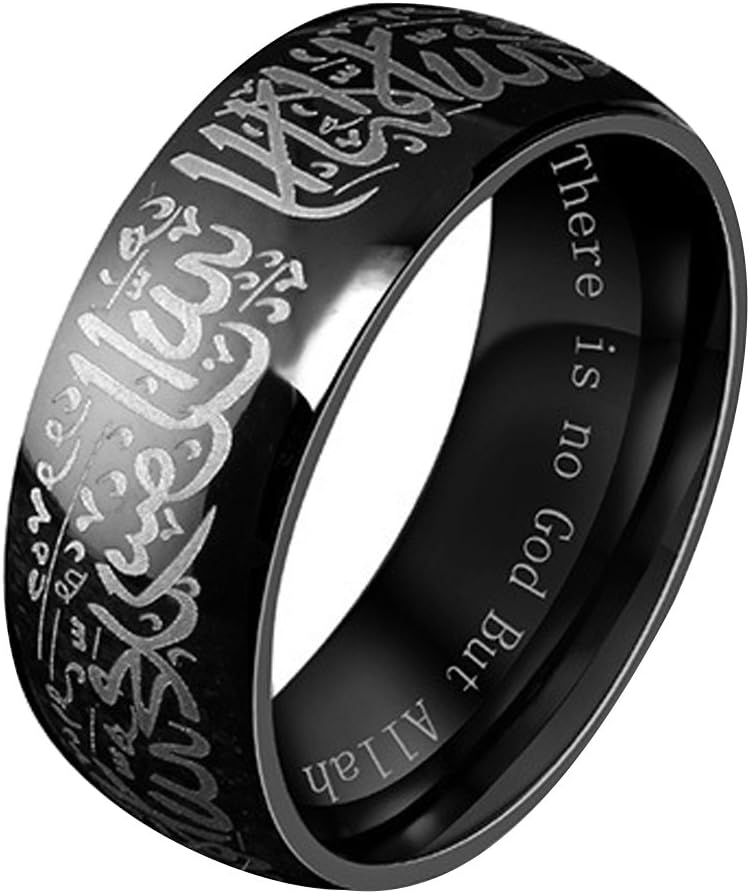 LANHI Men's Stainless Steel Muslim Islamic Ring with Shahada in Arabic and English Black