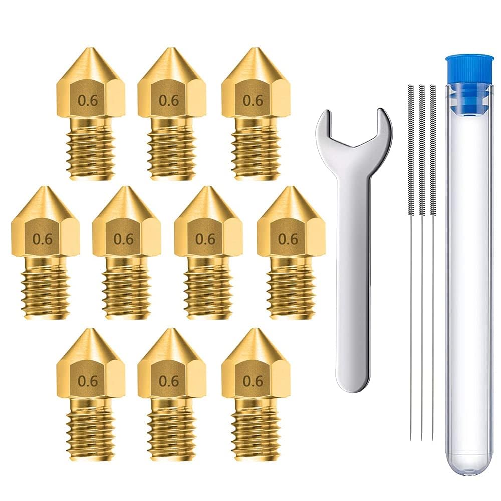 MMOBIEL 10 Pcs 0.6mm Brass MK8 3D Printer Nozzles Extruder Compatible With Creality Ender 3 Series, Ender 5 Series, CR-10/10S, Makerbot, Incl. 3 Cleaning Needles and Wrench