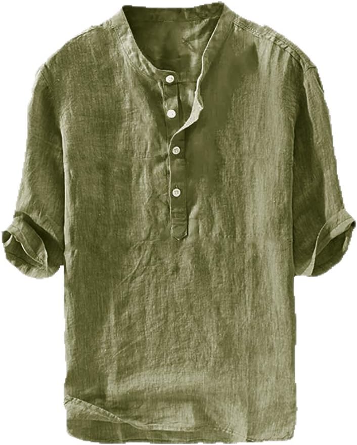 Mens Linen Henley Shirt Casual 3/4 Sleeve T Shirt Pullover Tees Lightweight Curved Hem Cotton Summer Beach Tops