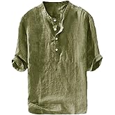 Ryannology Mens Linen Shirts Casual Cotton 3/4 Sleeve Regular-Fit Henley T-Shirt Summer Lightweight Beach Yoga Tops