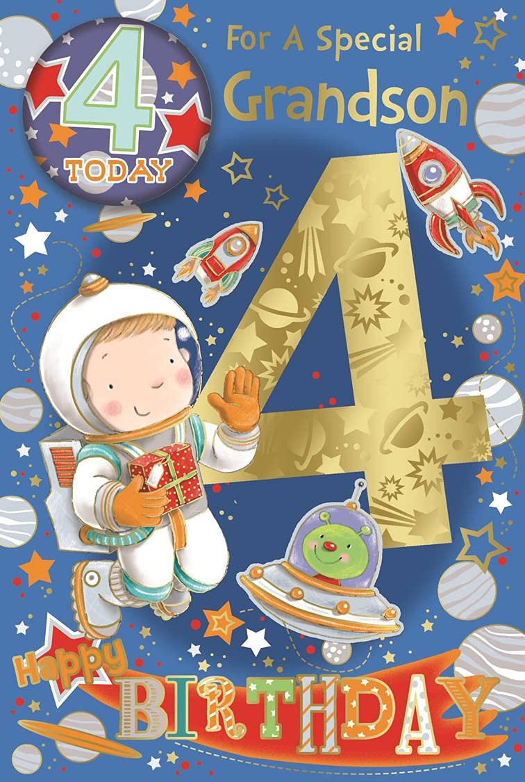 Grandson 4th Birthday Card & Badge - 4 Today Boy in Space Gold Foil 9" x 6"