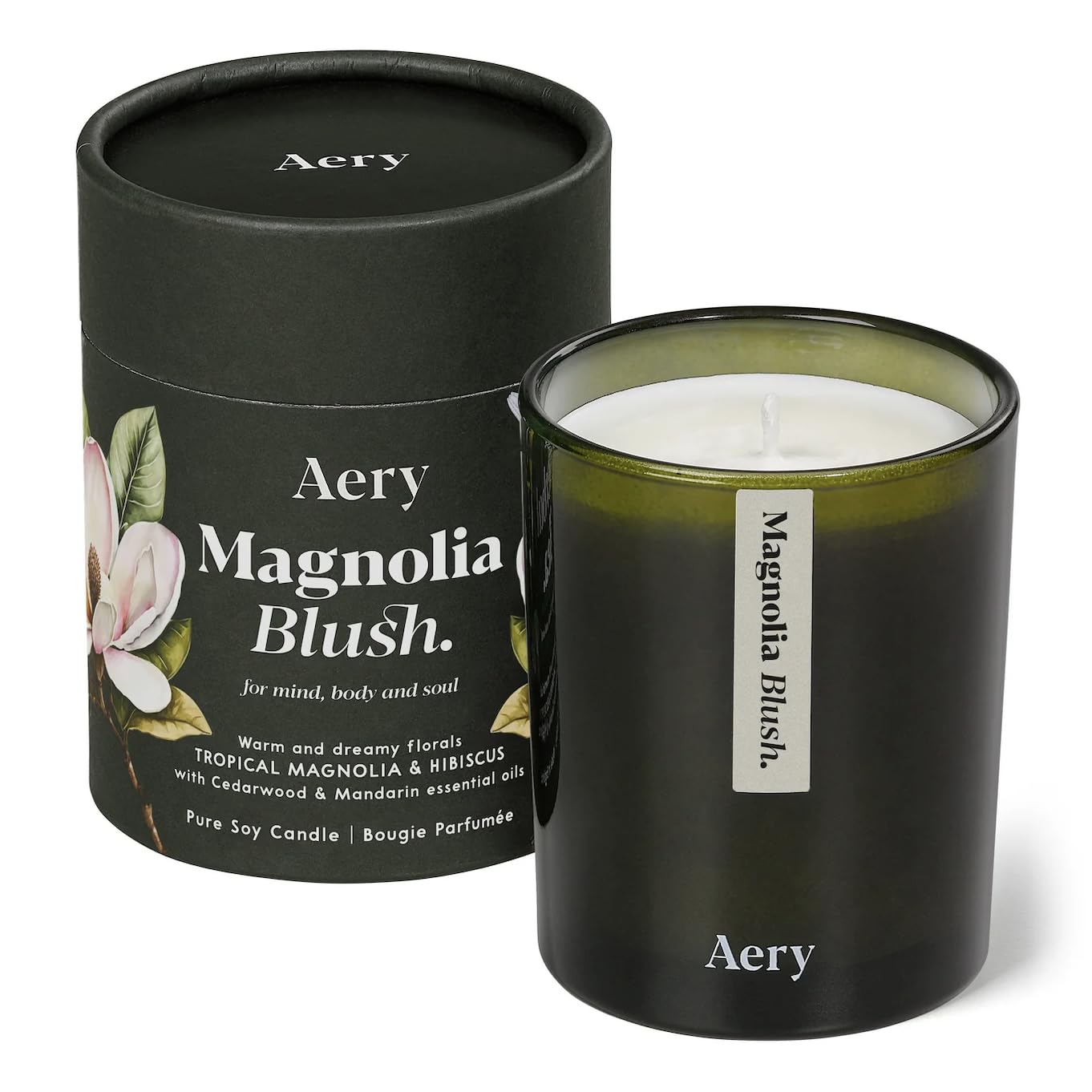 Aery Botanical Magnolia Blush Scented Candle with 45 Hour Burn Time - Tropical Magnolia & Hibiscus with Cedarwood & Mandarin - Vegan & Cruelty Free