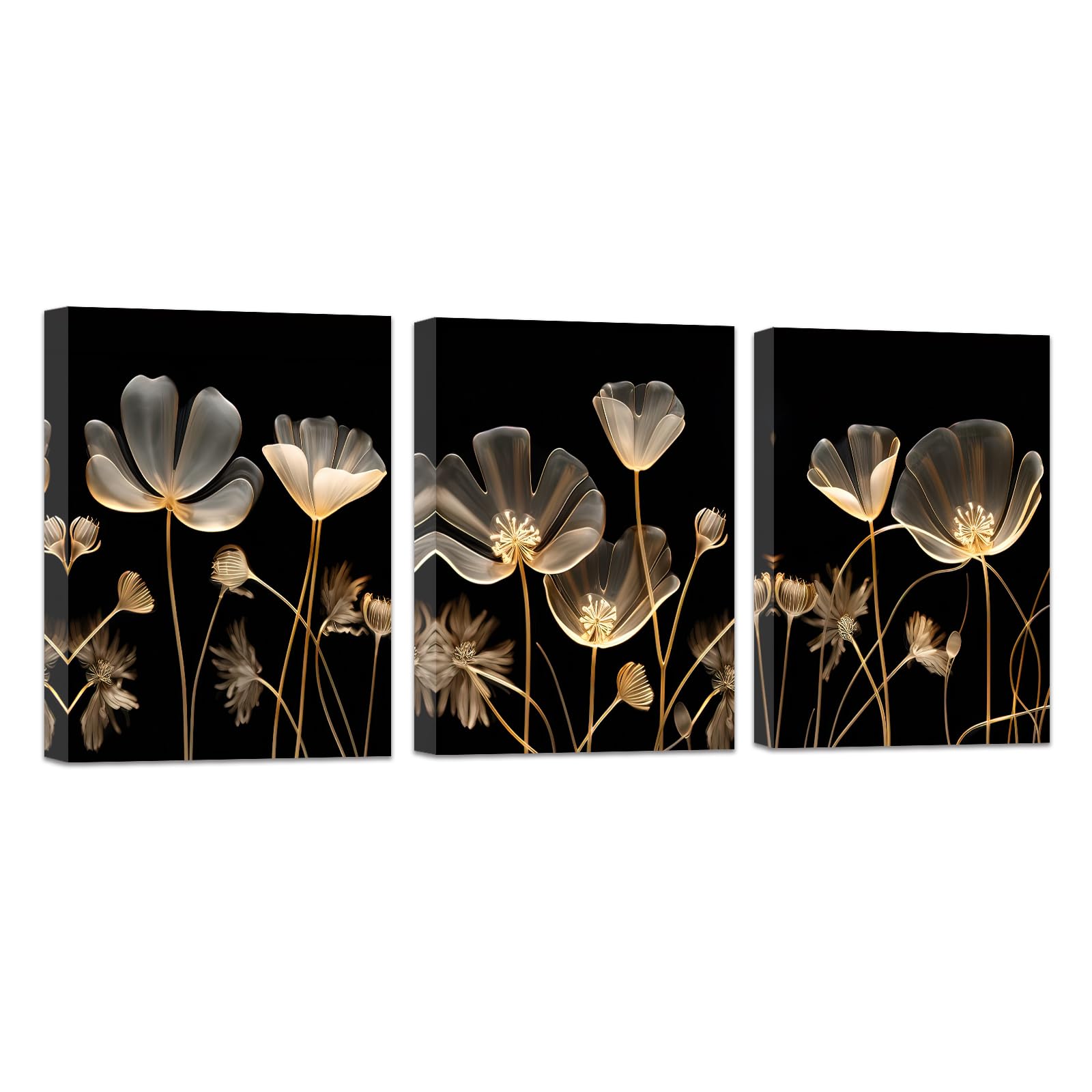 CCWACPP 3 Panel Wall Art Flowers Black and Gold Floral Pictures Abstract Brown Flowers Canvas Prints Modern Home Wall Decor (Framed - Black Gold, 11x14inchx3P)