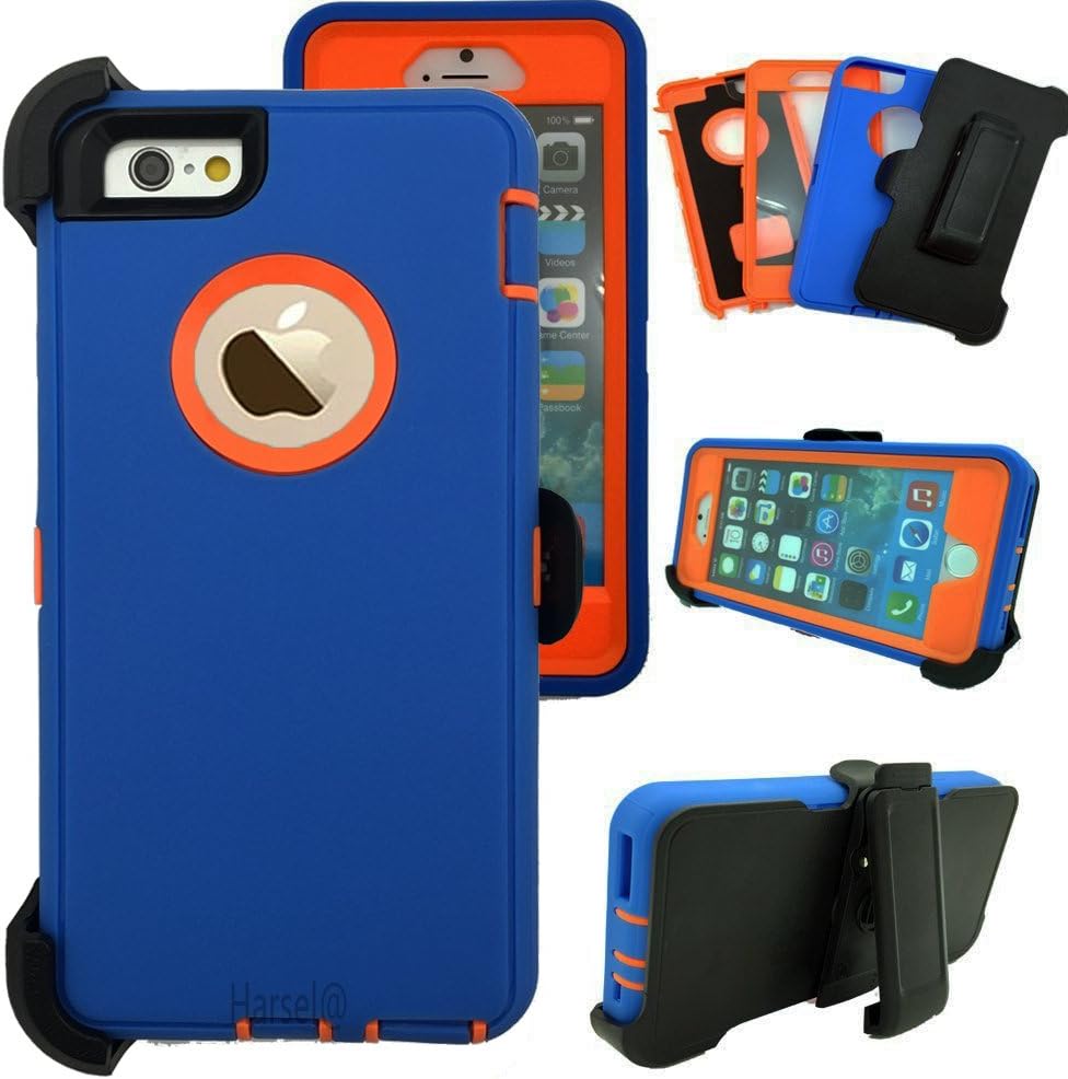 iPhone 6Plus/ 6SPlus with Belt Clip & Built-in Screen Protector Cover Harsel Heavy Duty Defender Shockproof Military Rubber Outdoor Sport Tough Armor Case for iPhone 6Plus 6SPlus (Blue Orange)