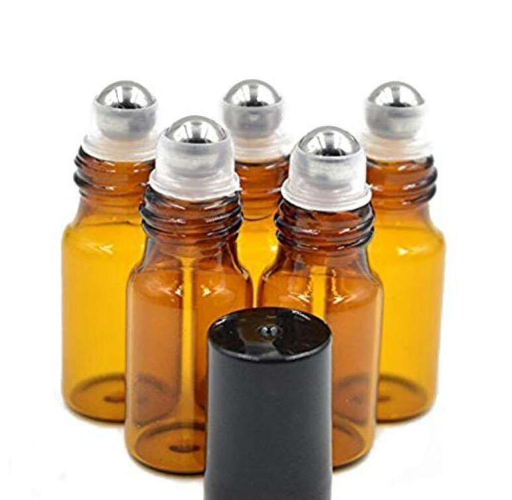 VASANA 24PCS 5ml Empty Refillable Portable Amber Glass Roll On Bottle Jars with Black Cap and Stainless Steel Roller Balls Travel Packing Storage Containers for Essential Oil Perfume Aromatherapy