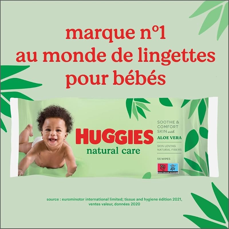 lingettes pour bébé Natural Care, 10 paquets de 56 lingettes, fibres absorbantes naturelles, hypoallergéniques, sans alcool, à l'aloé vera, évite les irritations