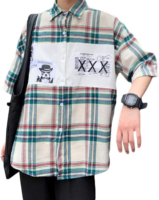 Amazon Shuming 半袖シャツ メンズ チェックシャツ ゆったり カジュアルシャツ 韓国ファッション ストリート系 トップス 切り替え チェック柄 メンズシャツ 夏 シャツ 通販