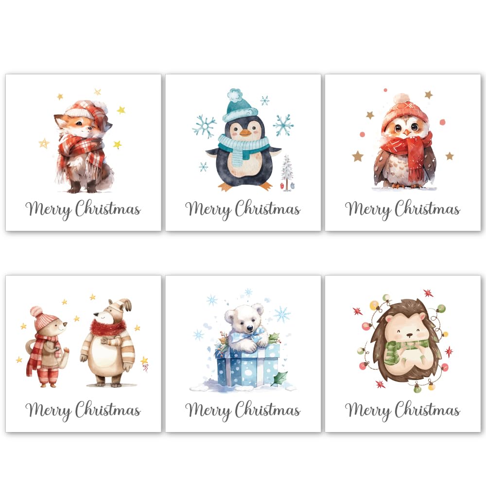 Papa Prints® Xmas Cards Packs of 48 (145 x 150 mm) Cute Animal Christmas Cards Multipack Watercolour Childrens Christmas Cards Multipack with Envelopes for Kids
