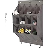 NELLHOMY Over the Door Shoe Organizer, Grey 12 Pockets Hanging Shoe Storage Rack with Large Deep Pockets, Oxford 600D Fabric Shoe Storage Rack with 6 hook for Shoes, Home Accessories etc