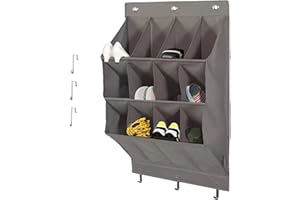 NELLHOMY Over the Door Shoe Organizer, Grey 12 Pockets Hanging Shoe Storage Rack with Large Deep Pockets, Oxford 600D Fabric Shoe Storage Rack with 6 hook for Shoes, Home Accessories etc