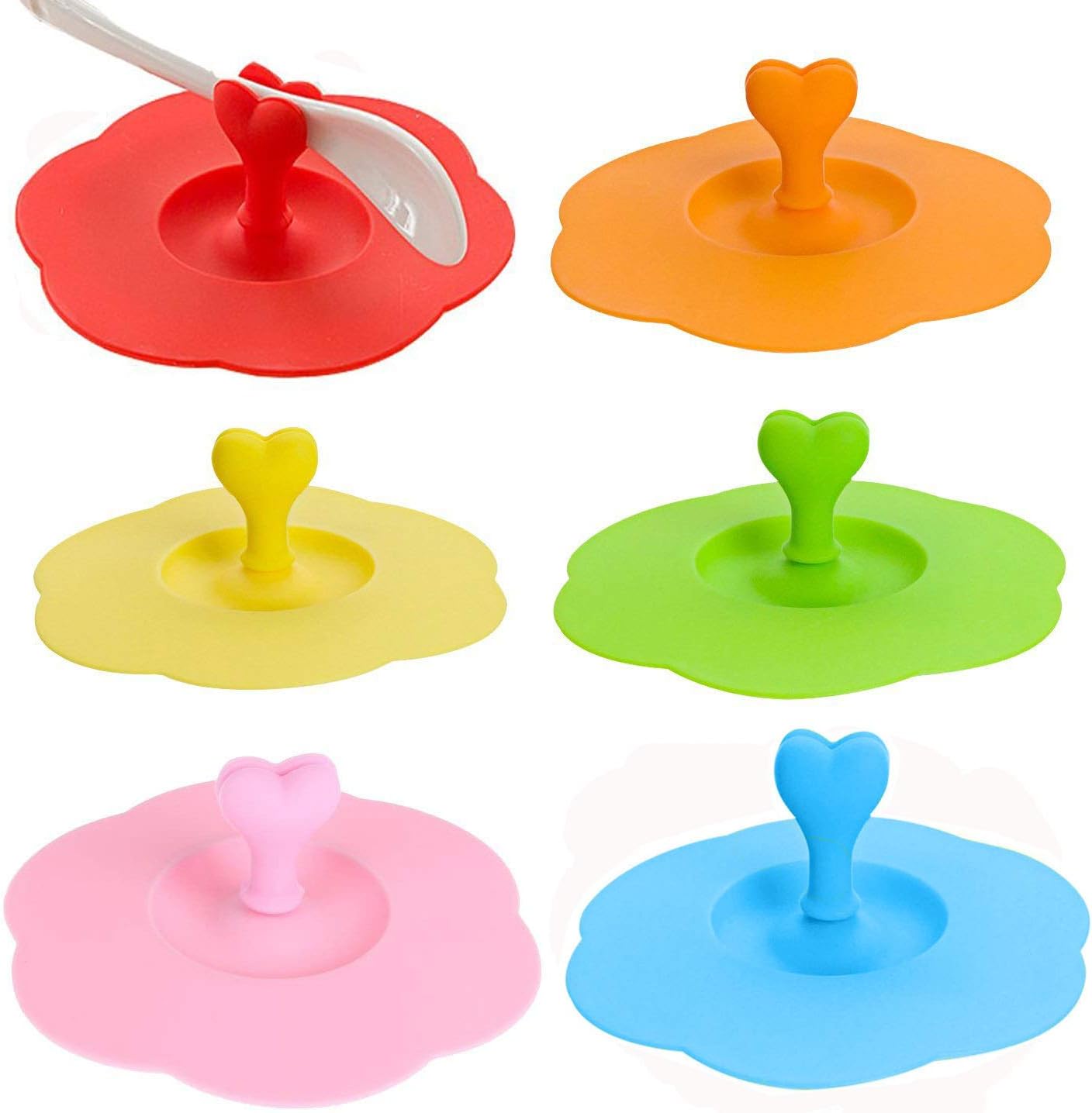 6 Pack Lovely Heart Silicone Cup Lid with Spoon Holder, Anti-dust Coffee Mug Cover Drink Cup Cover for Hot and Cold Drink (Heart - Pink/Blue/Red/Green/Yellow/Orange)