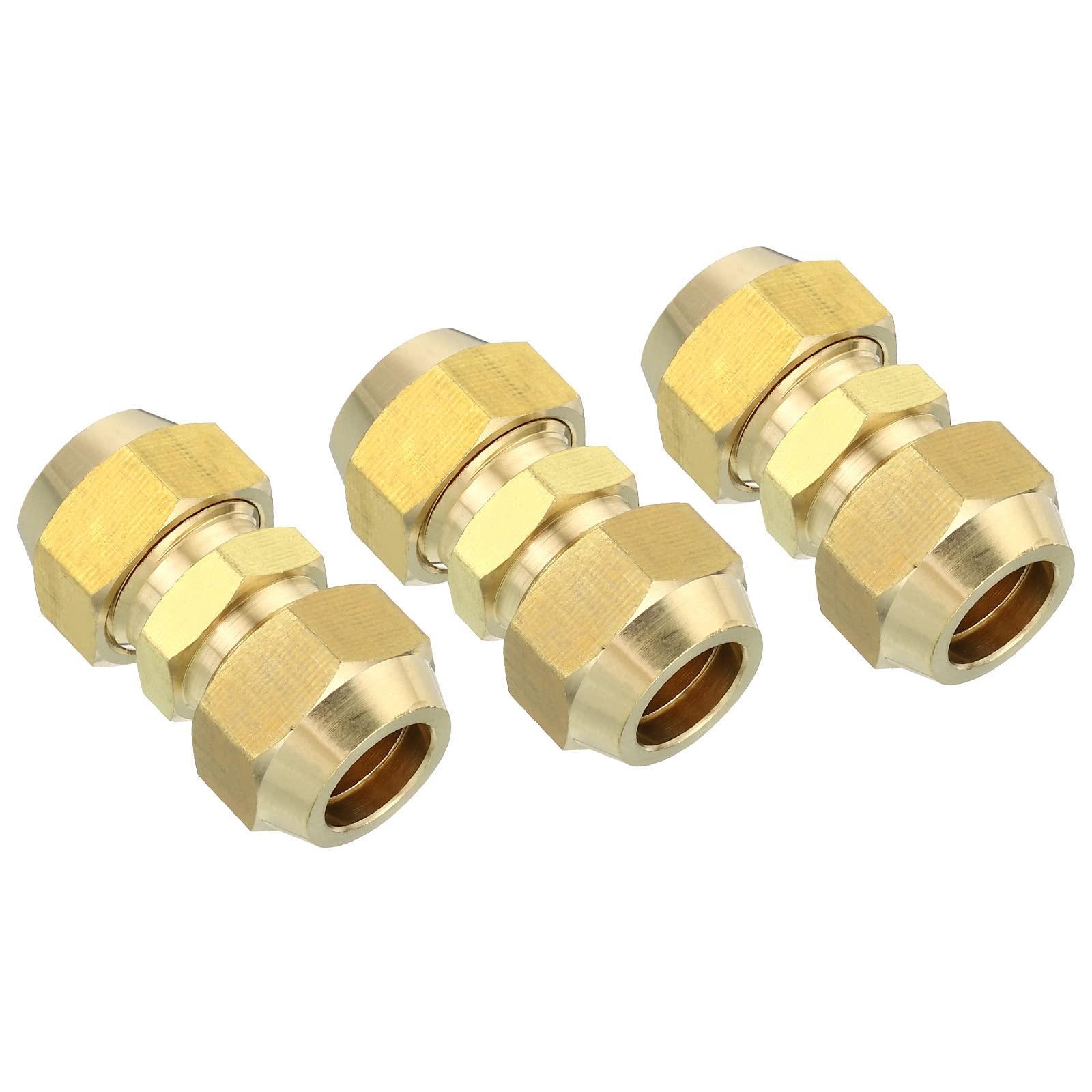 PATIKIL 1/2" OD Brass Flare Union Connector, 3 Set Air Conditioning Copper Double Pipe Extension Joint Connectors Pipe Hose Fitting with Nut, 1.46 x 0.75inch