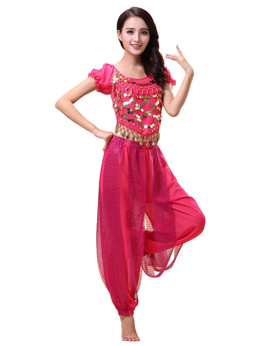 Grouptap Bollywood indian plus size bharatanatyam belly dance 2-piece costume dress outfit set for womens girls (170-180cm, 60-90kg, Pink)