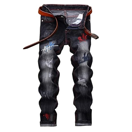 Straight Jeans Herren GreatestPAK Retro Riss Gerade Plissee Gewaschen Arbeit Druck Reißverschluss Lokomotive Denim Hosen
