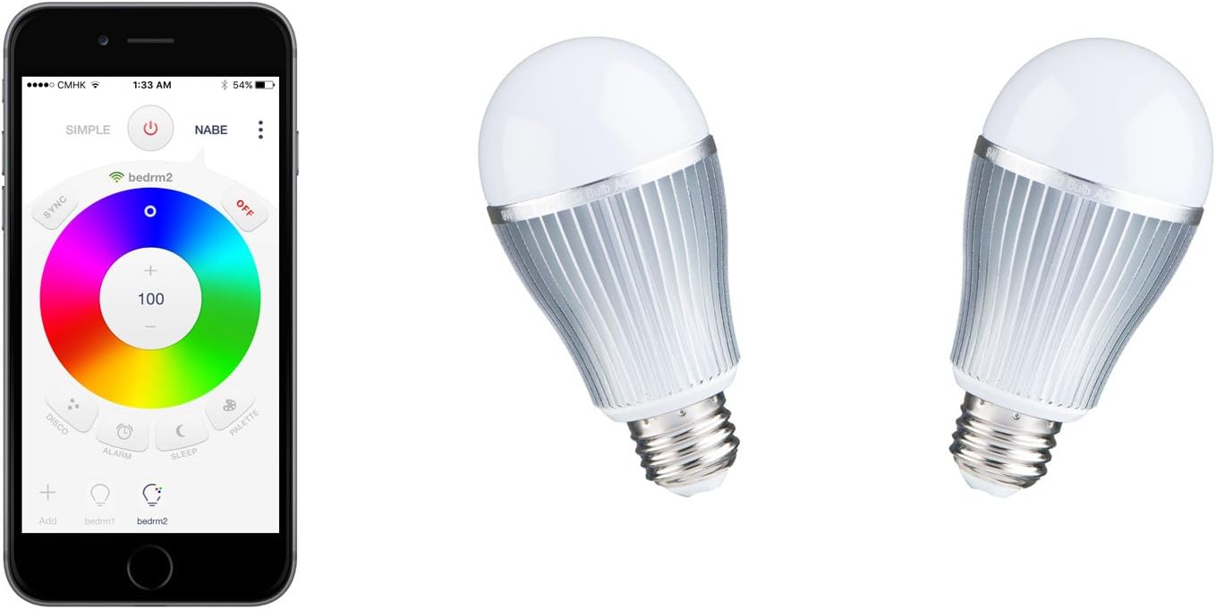 Nabe 2 Pack (2 LED Bulbs): 9W Smart Bulb, WiFi, Color Changing Lights, 16 Million Color + Warm White, ambiance Lighting, dimmable, Mood Lighting, led Light Bulbs