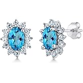 Gem Stone King 7X5MM Oval Gemstone Birthstone Stud Earrings For Women | Princess Diana Royal Halo Style | 925 Sterling Silver | Fine Jewelry Gifts for Anniversary Wedding Her Mom Women Wife