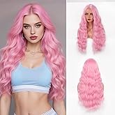 Aida ble Long Wavy Pink Wig for Women 28 Inch Middle Parted Light Pink Curly Wig Natural Looking Heat Resistant Fiber Synthetic Wig for Daily Party Halloween Cosplay Use