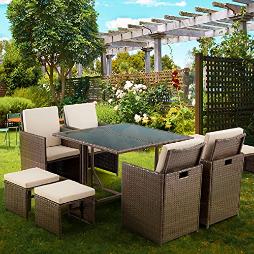 EROMMY 9 Pieces Patio Dining Set Outdoor Space Saving Wicker Rattan