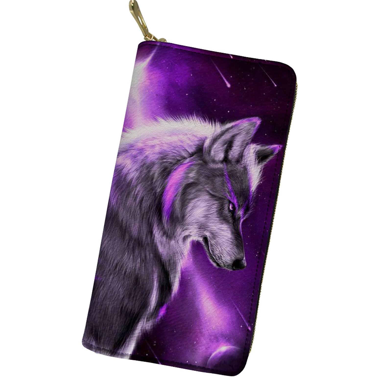 Showudesigns Woman's Wallet Wolf Galaxy Pattern Purse Zip Around Clutch Ladies Teens Girls Card Holder Coin Pouch Organiser Purple