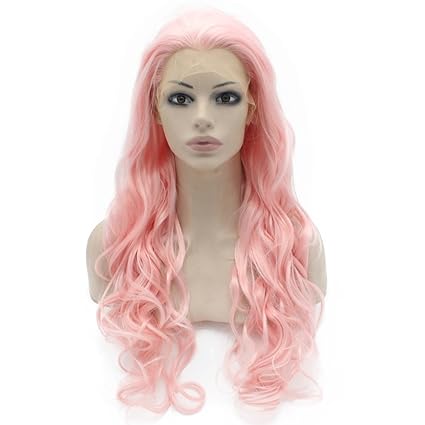 Iwona Celebrity largo, ondulado sintético Lace Front Peluca Rosa Cosplay Fiesta