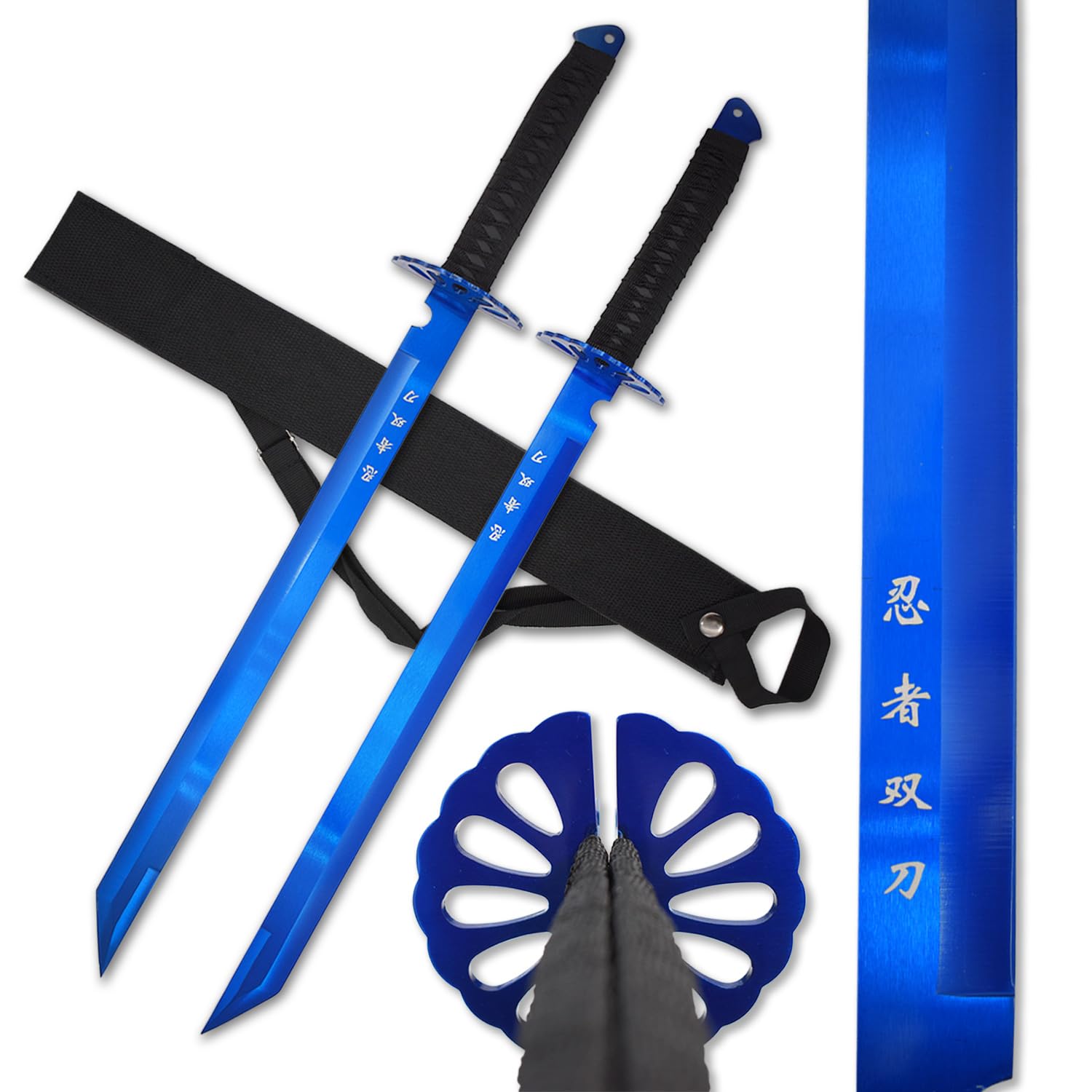 Twin Ninja Sword Set with Black Nylon Wrapped Handle, 28 Inch Overall, 18.25 Inch Stainless Steel Blade, Includes Shoulder Strap - HK-6183 Series (Blue) Image