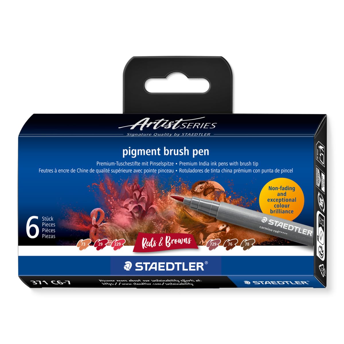 STAEDTLER 371 C6-7 Pigment Arts Brush Pen - Assorted Red & Brown Colours (Pack of 6)